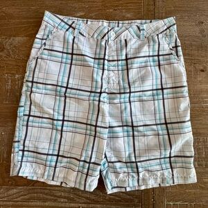 Kanu Surf Men's Plaid Swim Shorts - White with Blue and Black Stripes, Size 38